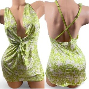 Victoria's Secret Lime Green White Leaf Print Cami Lingerie Chemise Nighty Top M